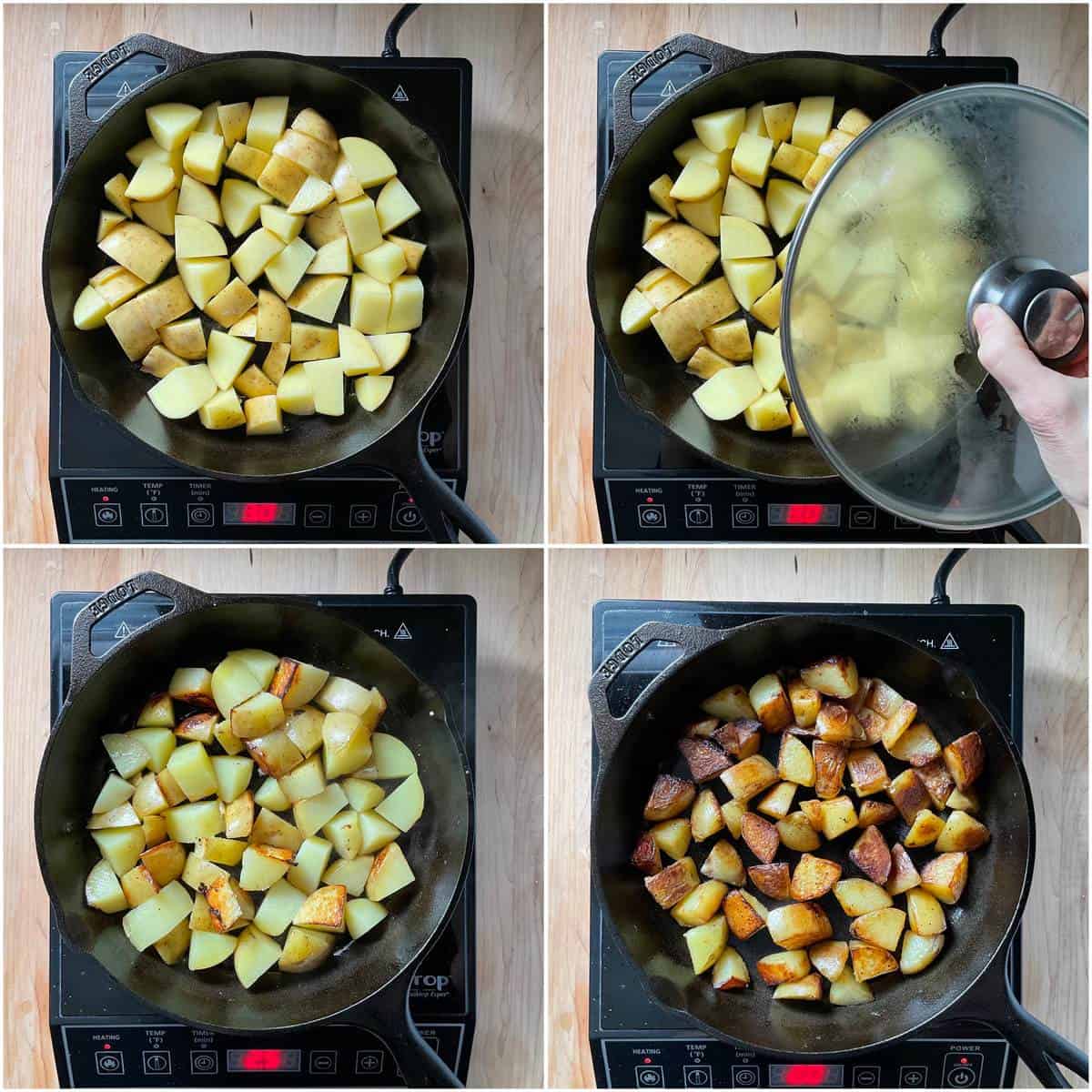 A photo collage of cubed potatoes in a cast iron pan.