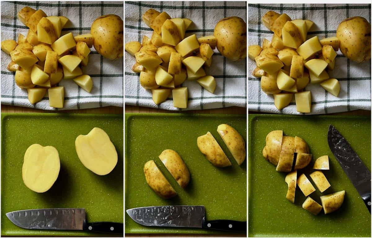 A photo collage on how to cube potatoes to cook in a cast iron pan.