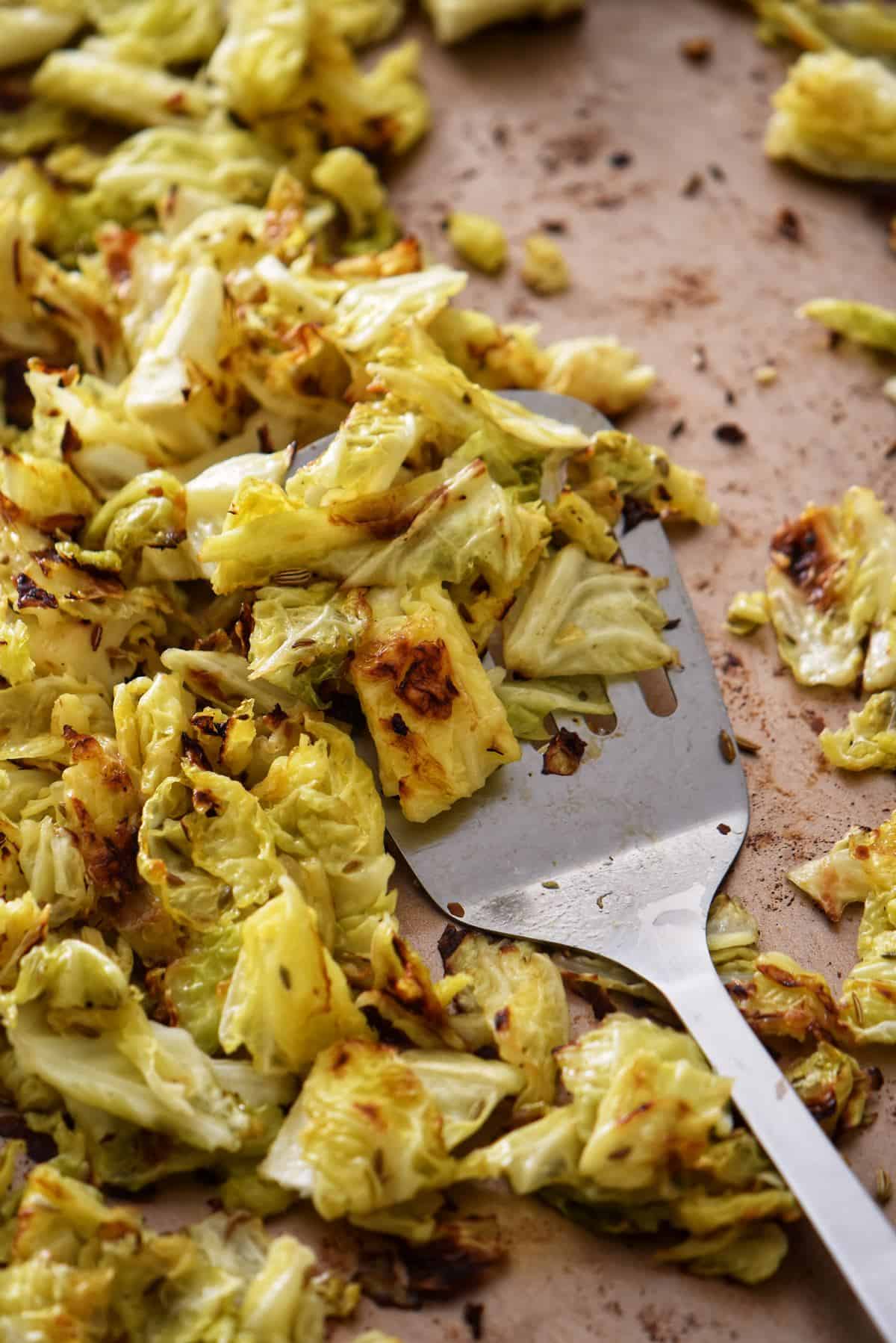 Oven roasted cabbage on a sheet pan.