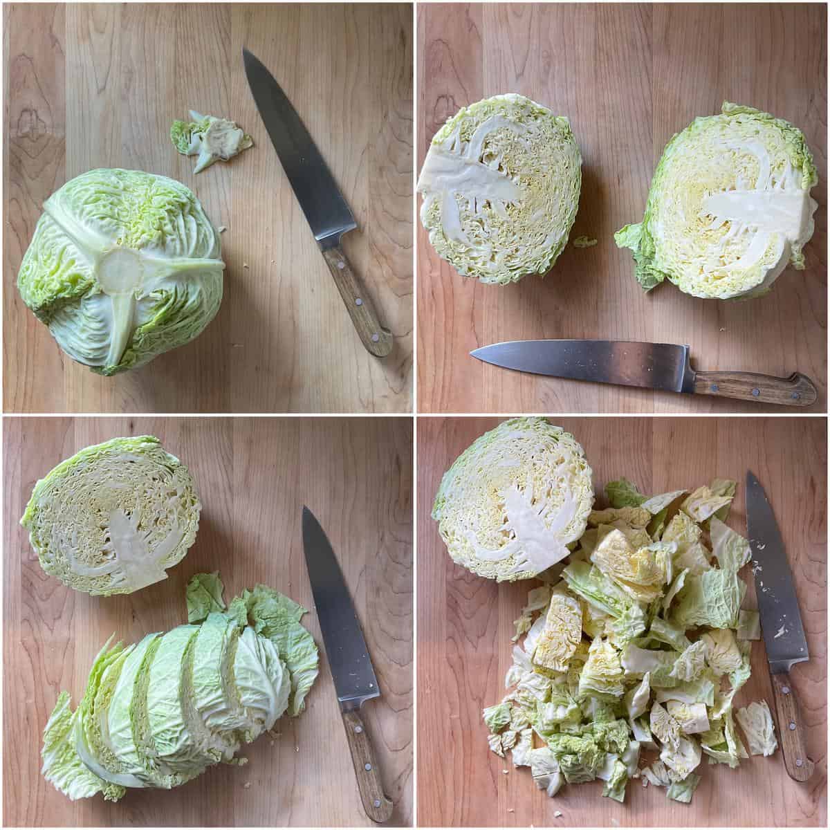 A photo collage of cabbage being chopped.