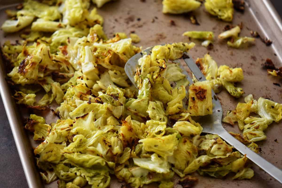 Oven roasted cabbage on a sheet pan.