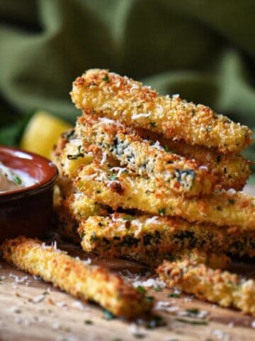A stack of baked zucchini sticks.
