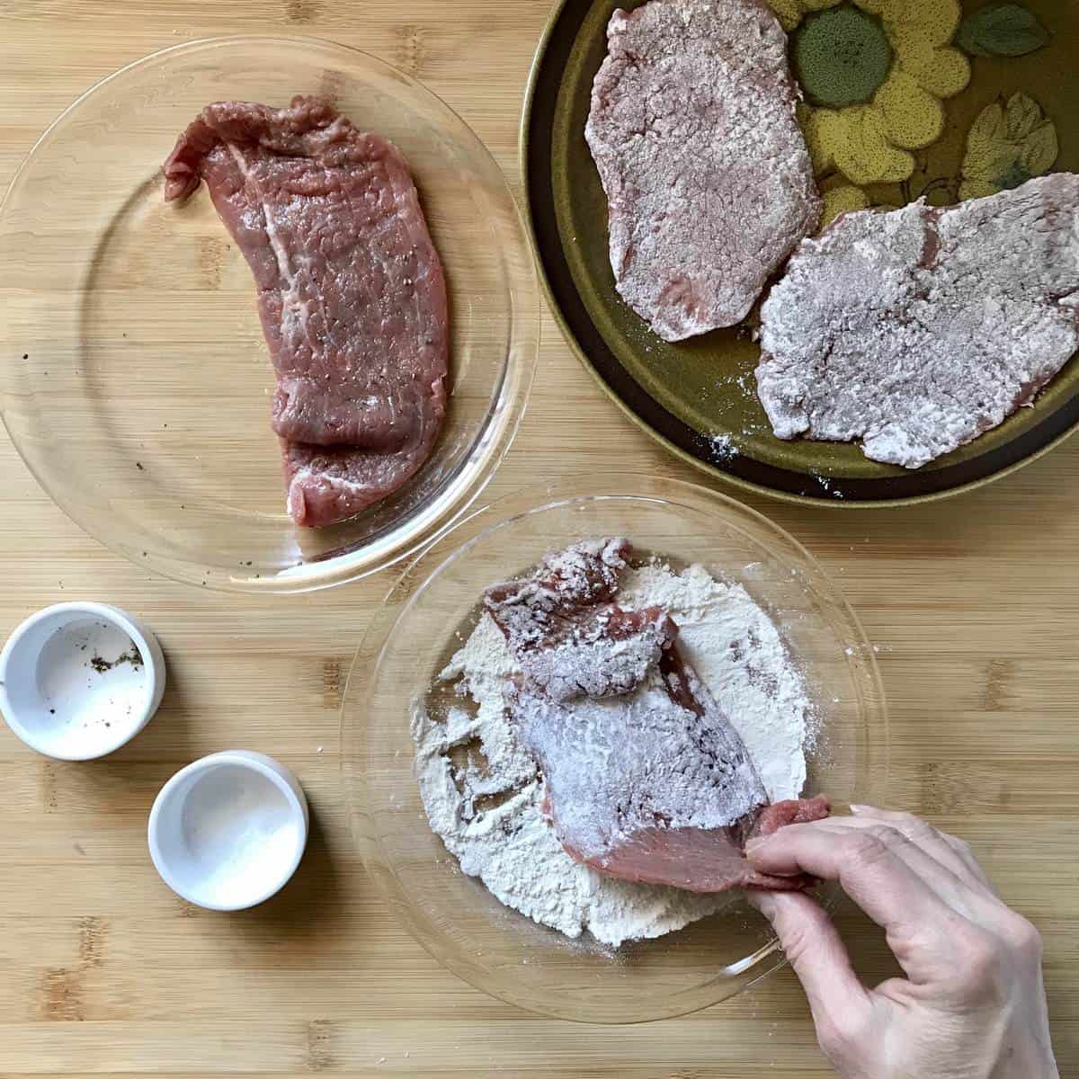 Thinly sliced veal dredged with flour.