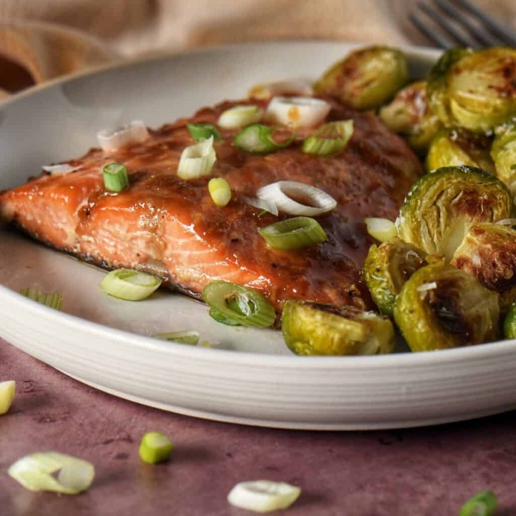 Maple glazed salmon with garlic roasted brussels sprouts.