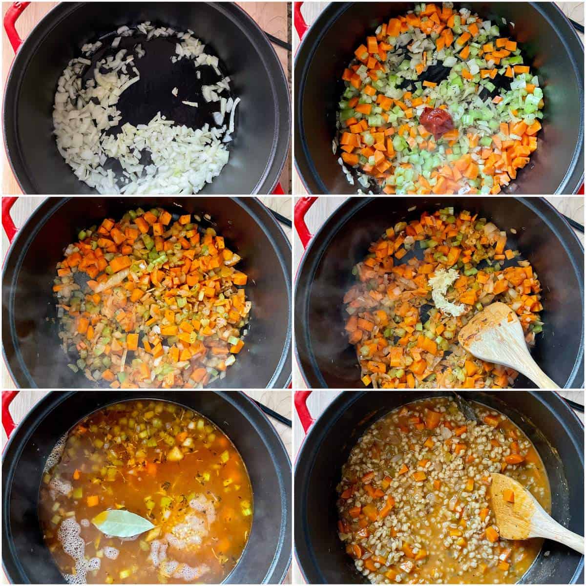 A step-by step photo tutorial of how to make barley soup with vegetables.