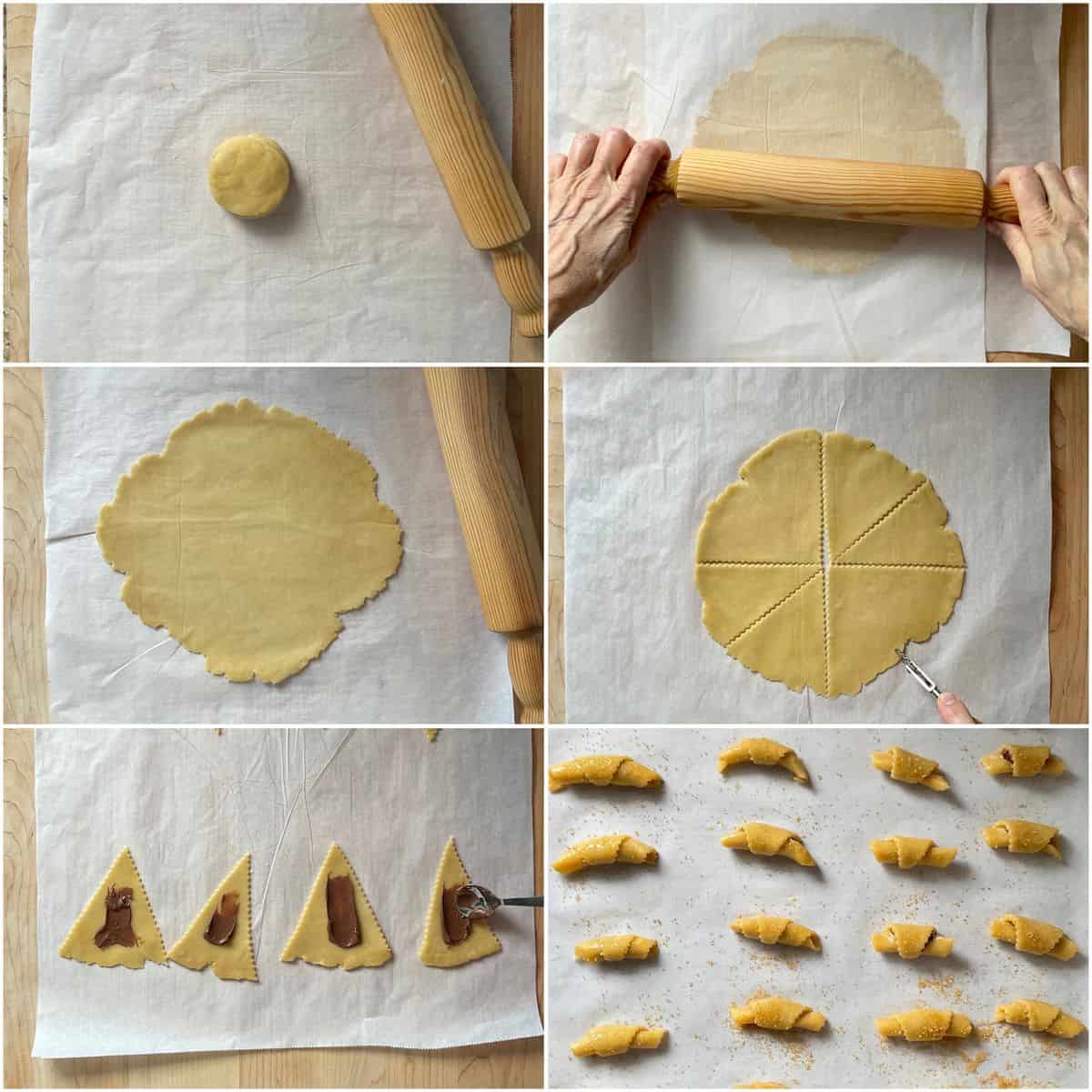 A photo collage on how to make croissant cookies.