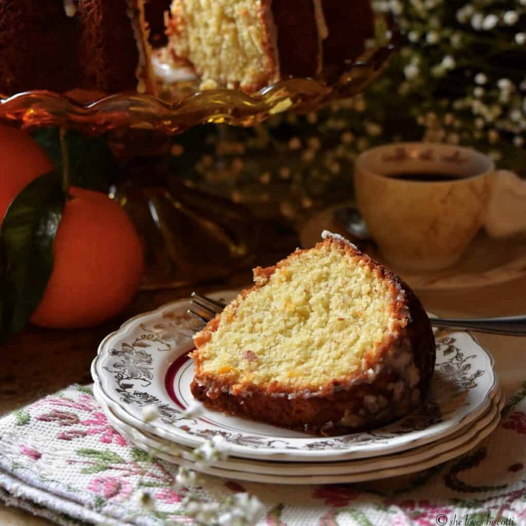 A close up of a glazed bundt cake.