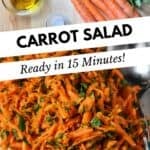 Shredded carrot and parsley salad on a white serving platter.