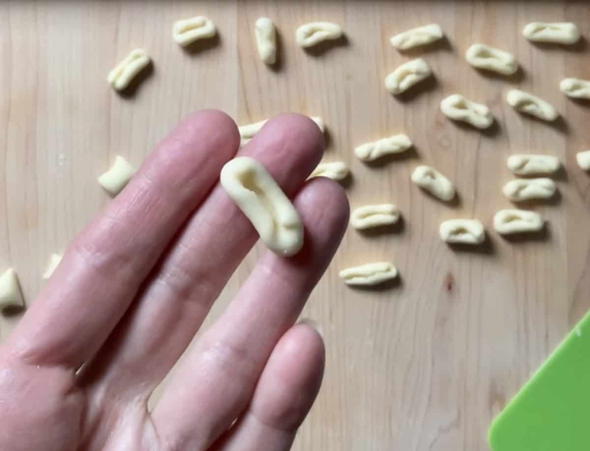 A close-up photo of a freshly made cavatelli.