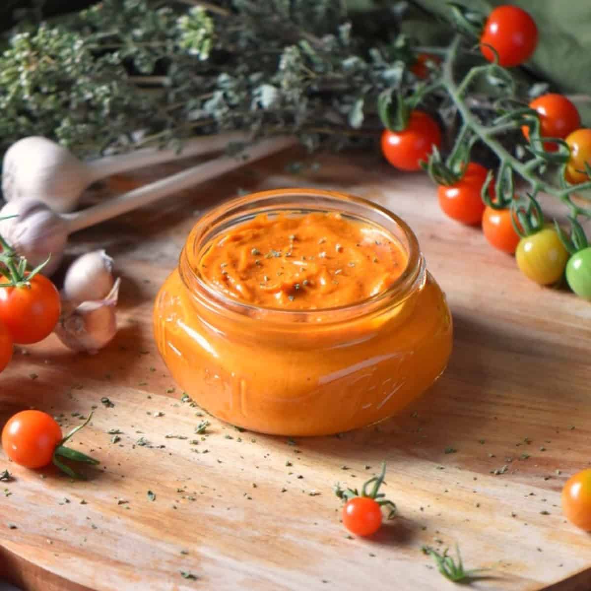 A jar of cherry tomato sauce surrounded by cherry tomatoes on a vine.
