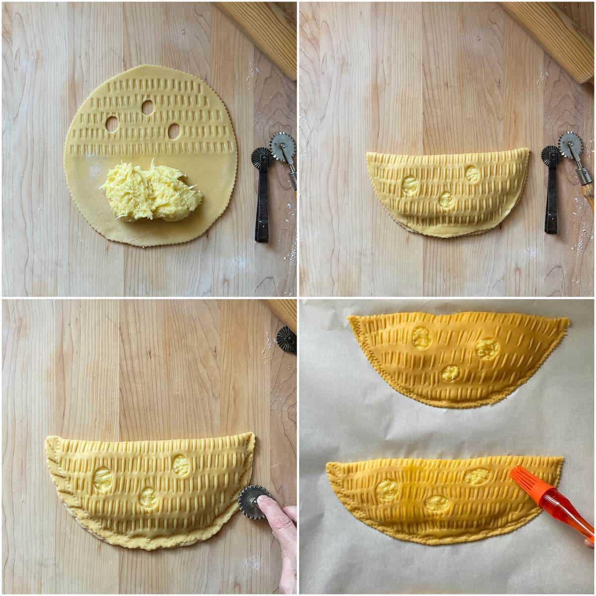A photo collage of how to assemble Italian cheese fiadone.