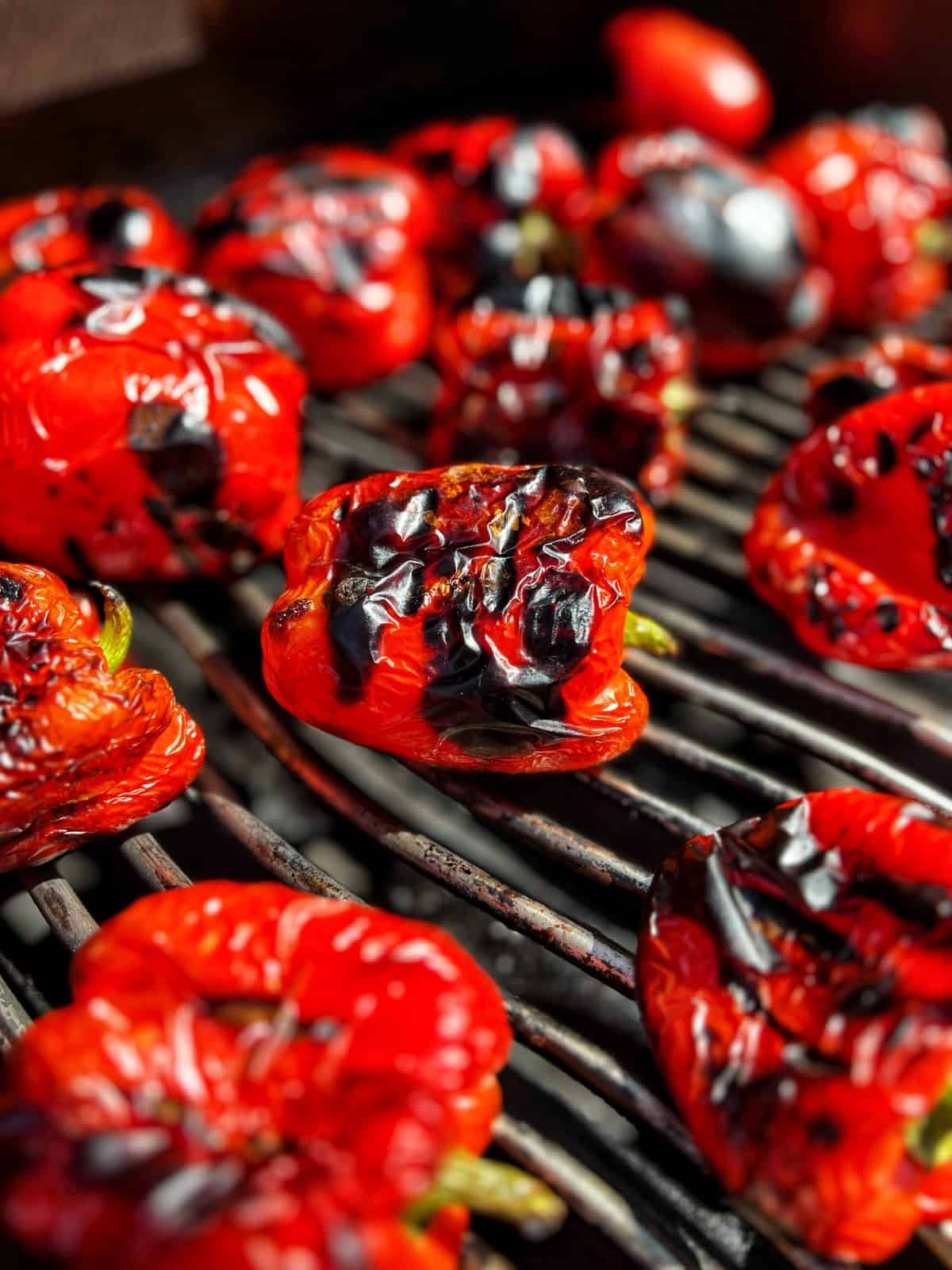 Roasted bell peppers on a grill.