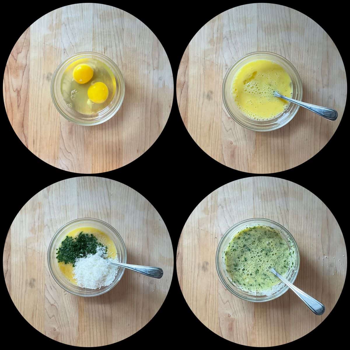 A photo collage of the egg mixture being whisked together.