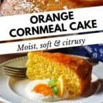 An orange glazed cornmeal cake on a pedestal.