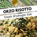 Orzo risotto on a plate garnished with fresh Italian parsley and grated cheese.
