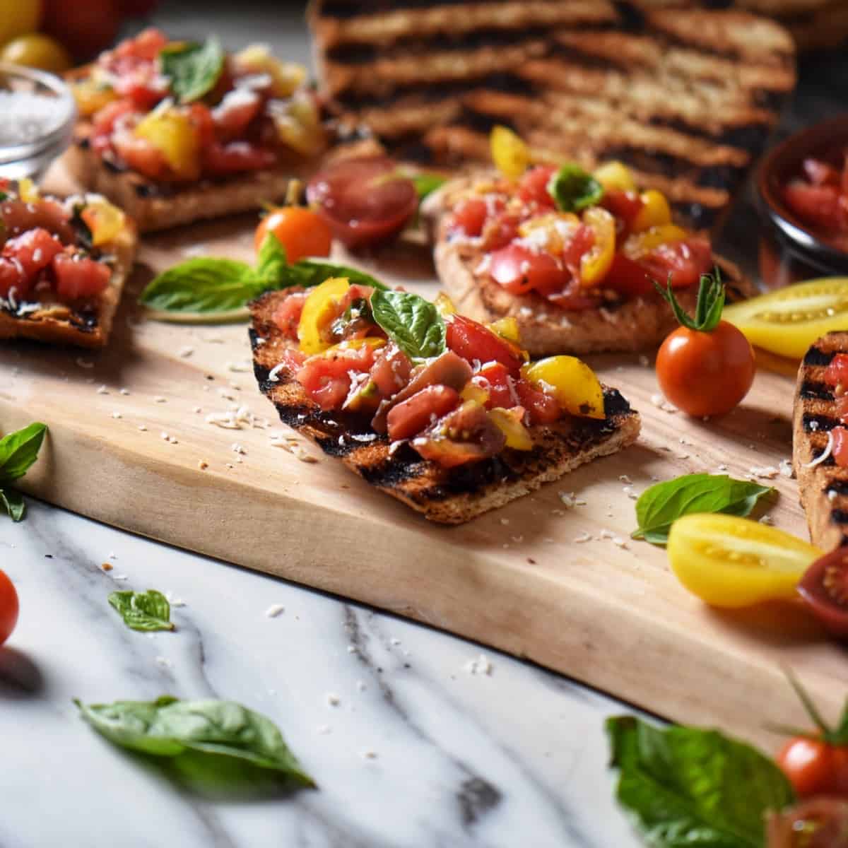 Tomato topped bruschetta surrounded by cherry tomatoes and basil.