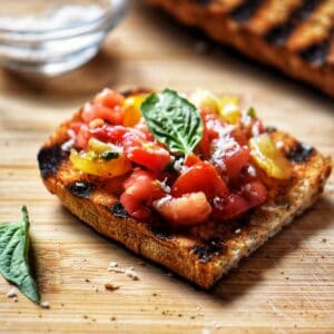 Heirloom cherry tomatoes used as a topping for bruschetta.