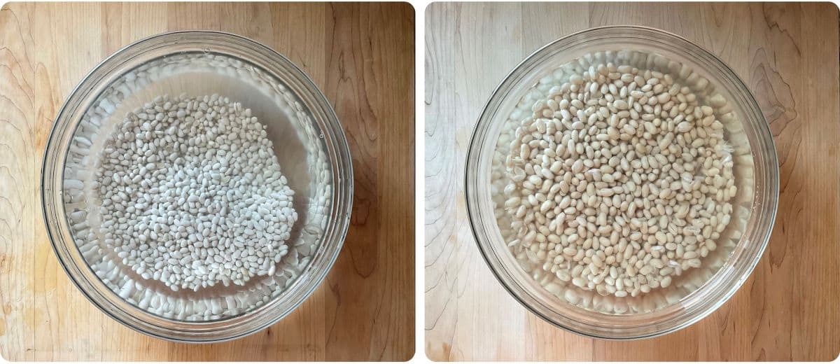 A photo collage of before and after the beans have had an overnight soak. 