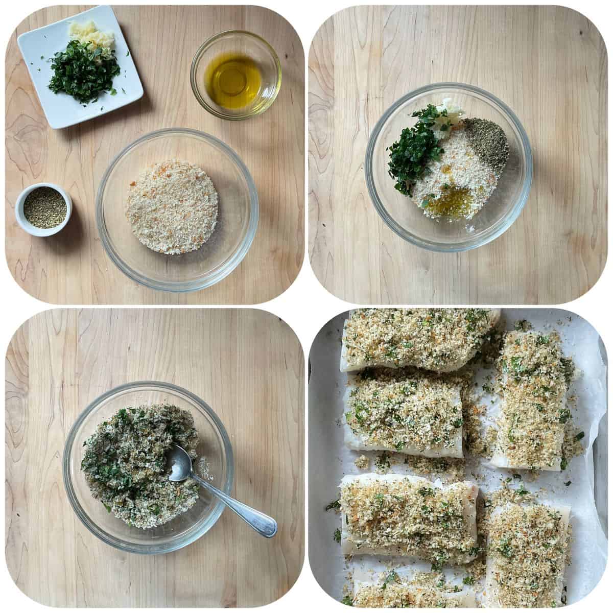 The seasoned topping used for this cod fish recipe. A photo collage of herbs and spices required to make the bread crumb crust for the codfish.