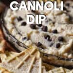 A cannoli dip with chocolate chips surrounded by cut up pizzelle.
