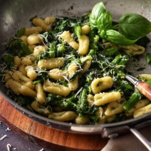 Cavatelli with broccoli rabe in a pasta bowl.