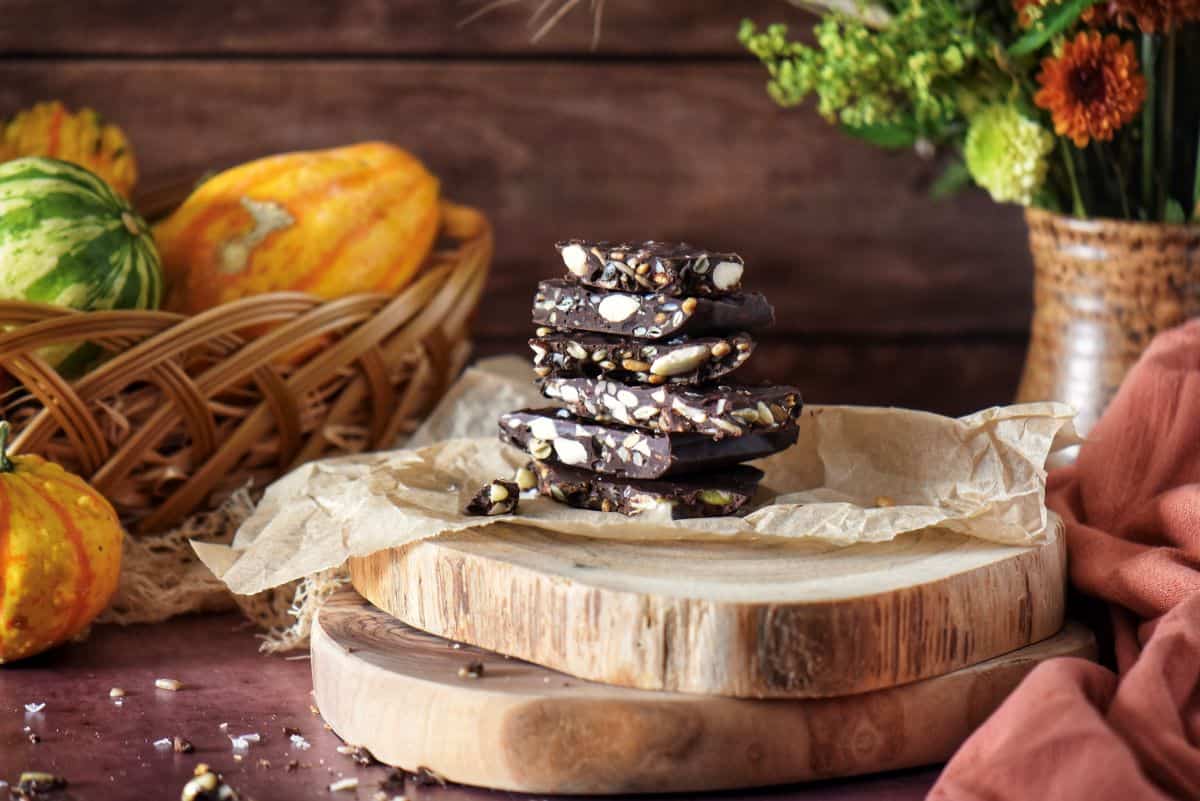 A small tray of Dark Chocolate Nut Bark pieces.