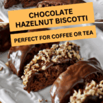 A Pinterest pin showing chocolate covered biscotti, some garnished with chopped nuts, on a white serving dish.