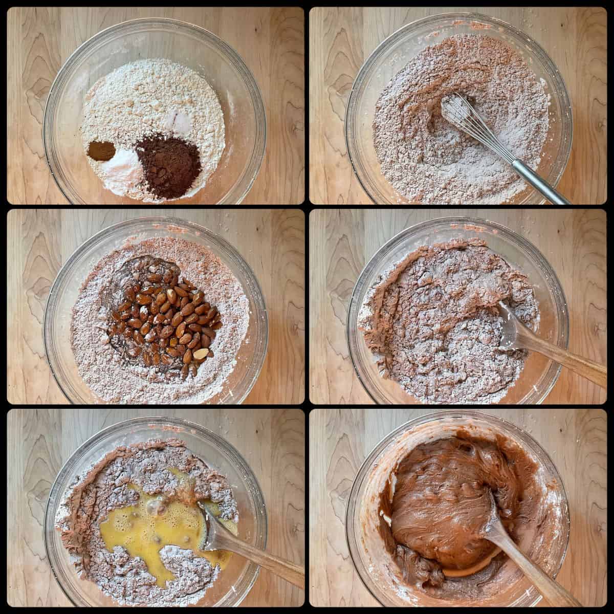 A photo collage of making biscotti with cocoa, honey and almonds.