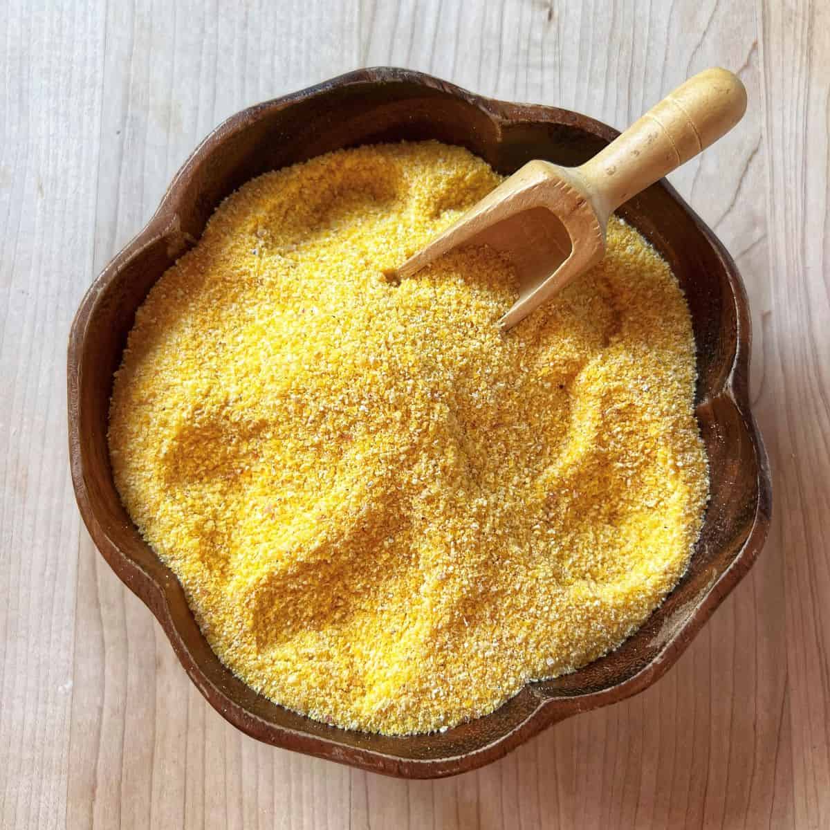 An overhead shot of the the coarse and fine texture of cornmeal used to make this recipe for homemade polenta.