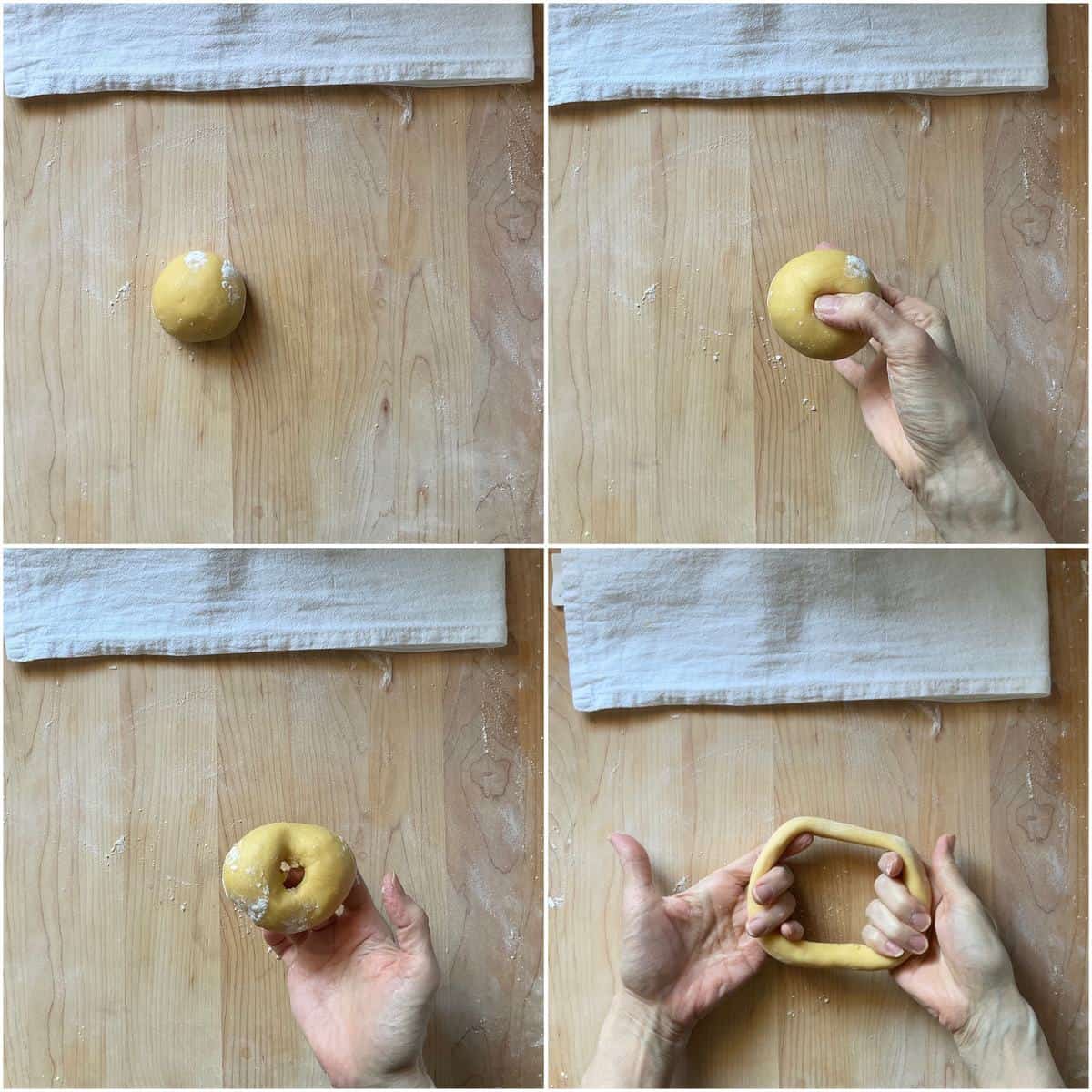 A photo collage of the taralli dough being formed into a ring.