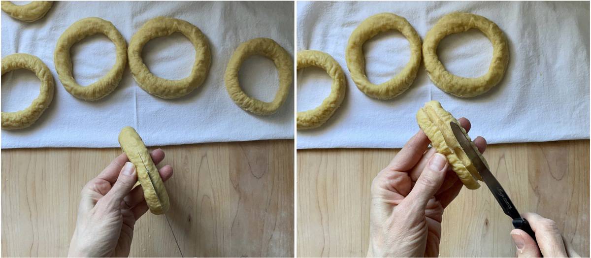 A photo collage of the taralli dough being scored.