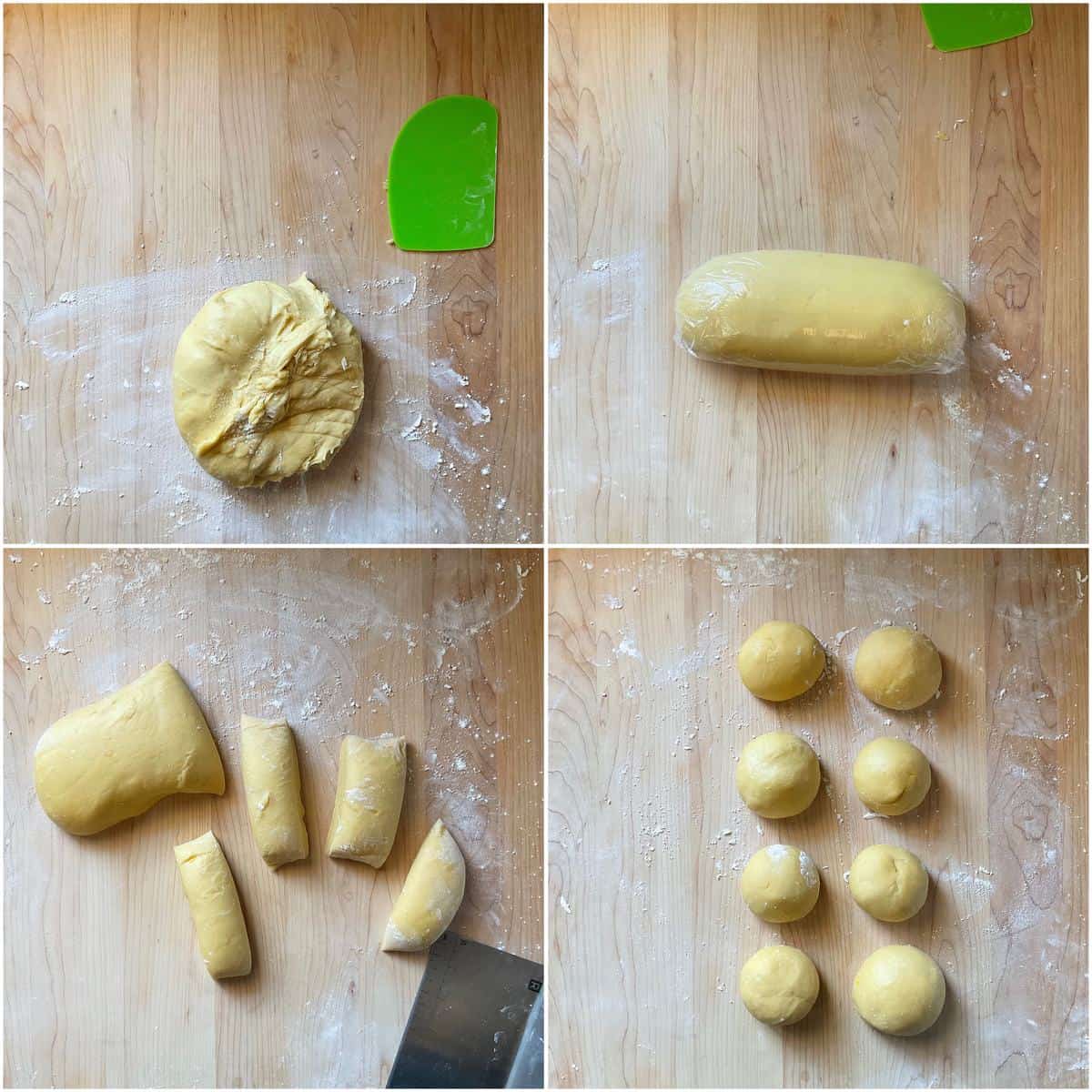 A photo collage of the taralli dough being rolled on a wooden board.