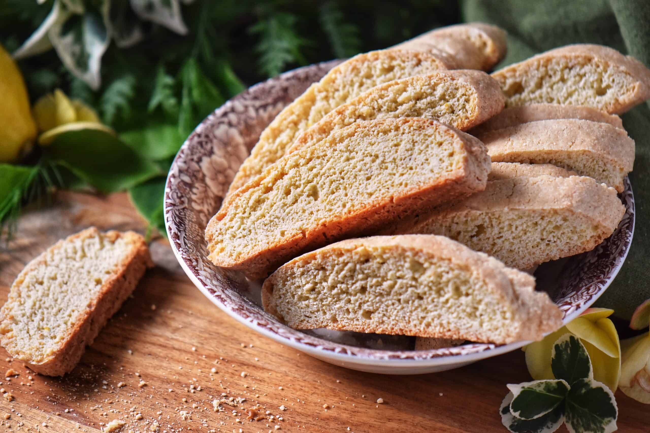 A few lemon biscotti in a bowl.