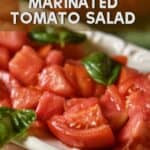 Chopped tomato salad in a white dish.