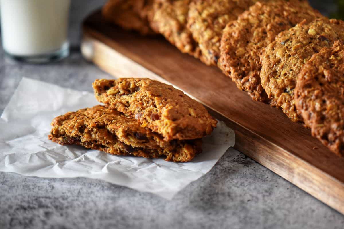 The soft interior of an oatmeal carrot cookie is shown.