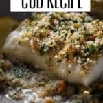 Oven baked codfish garnished with parsley, breadcrumbs and oregano.