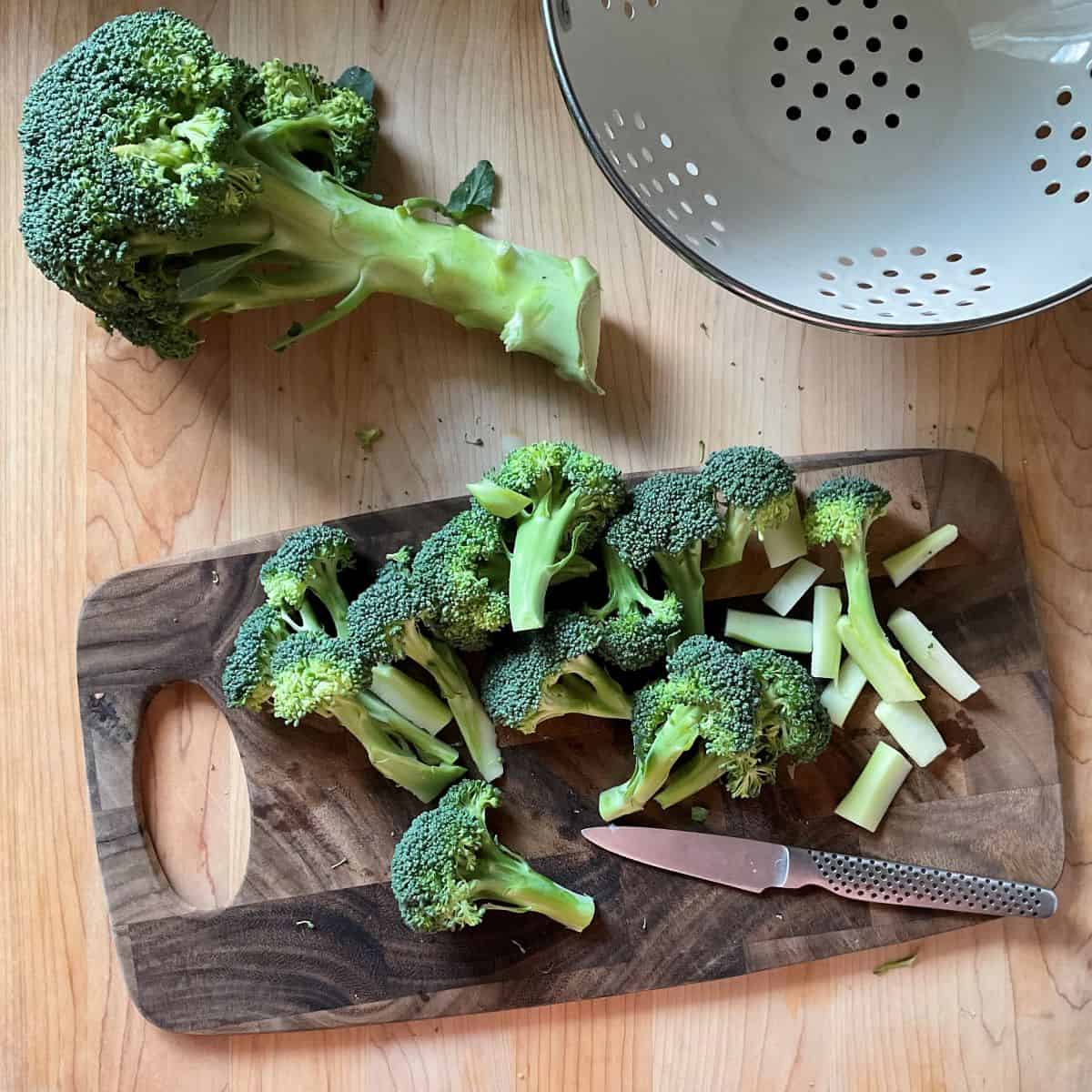 Trimmed and chopped broccoli on a baking sheet.