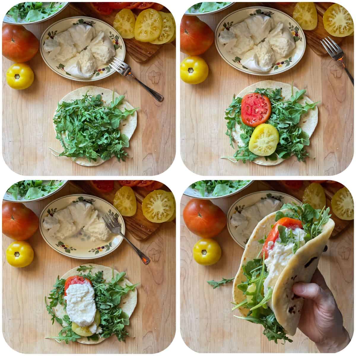 A photo collage of Italian flatbread being filled with arugula, burrata and heirloom tomatoes.