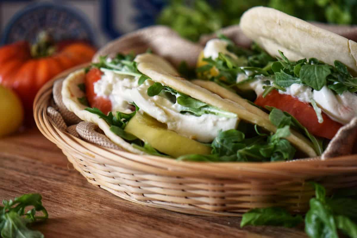 Piadina Sandwiches in a wicker basket.