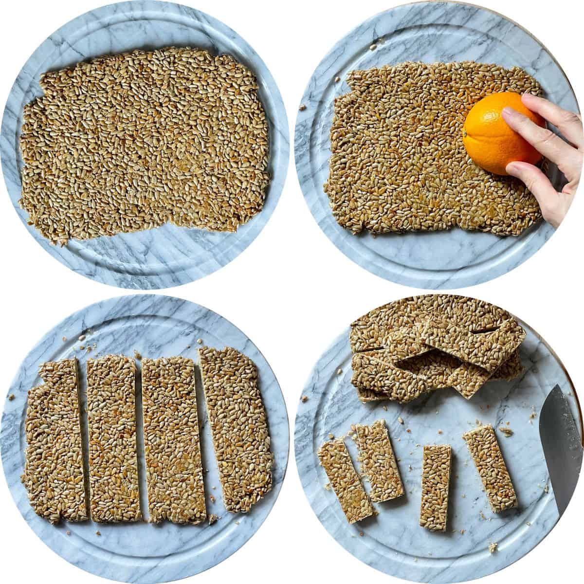 A photo collage of how to cut the sesame seed candy.