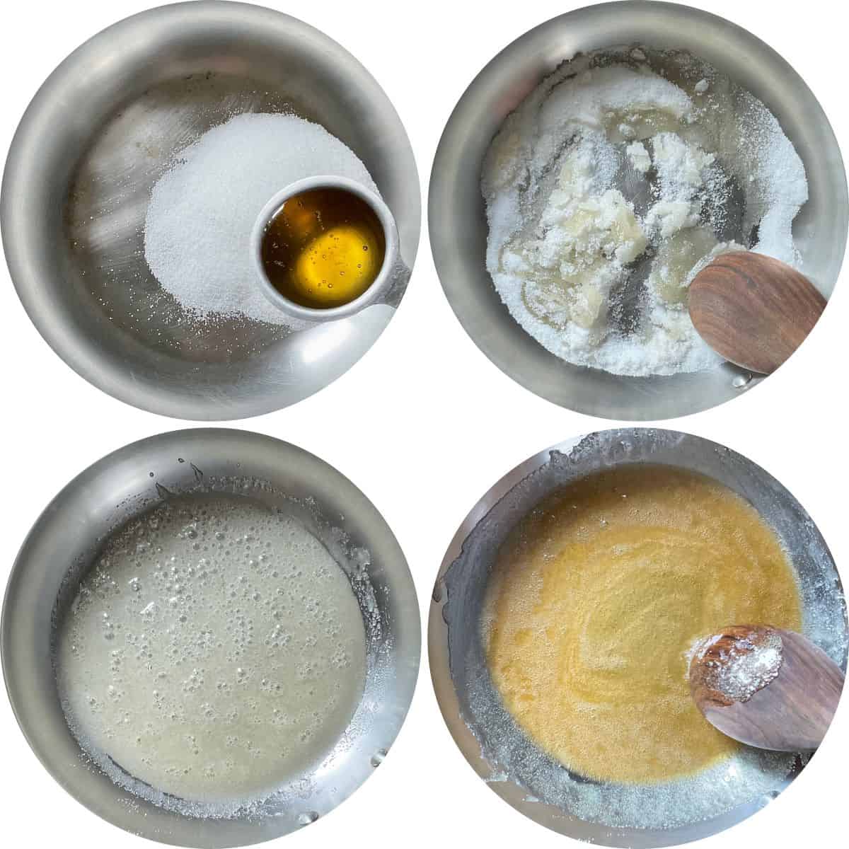 A photo collage of sugar and honey combined and heated in a large pan.