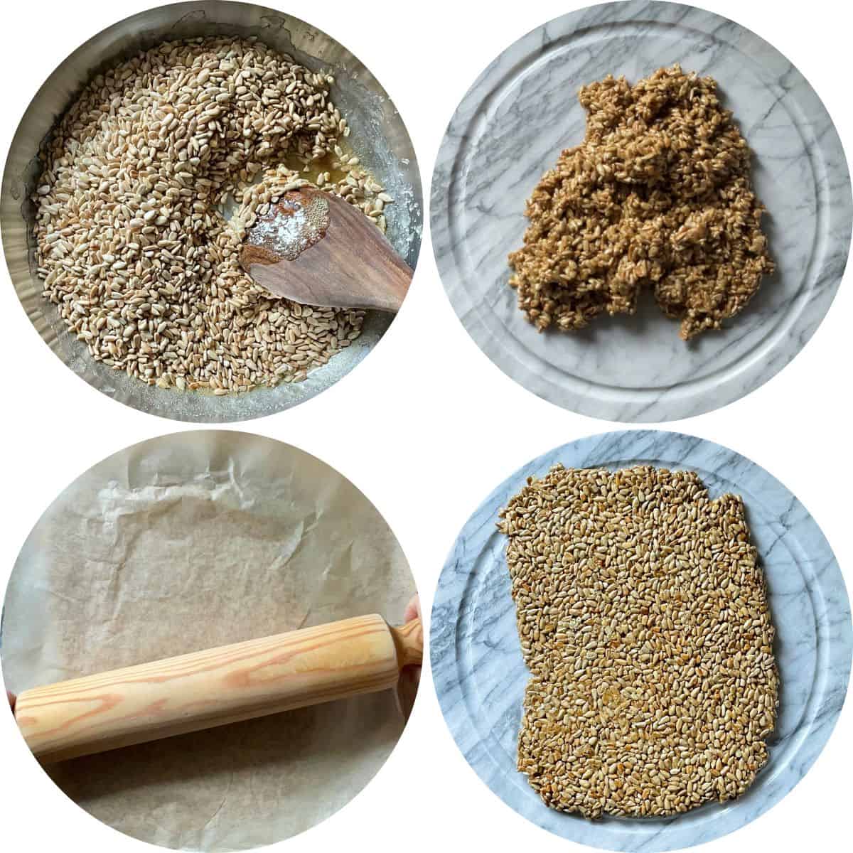 A photo collage of shaping the sesame seed mixture.