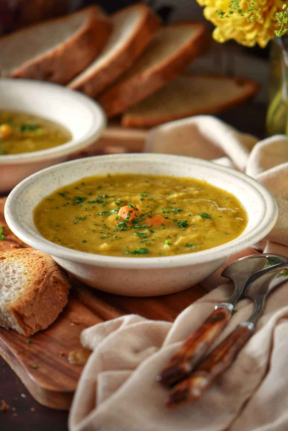 A bowl of Simple Slow Cooker Vegetarian Green Split Pea Soup