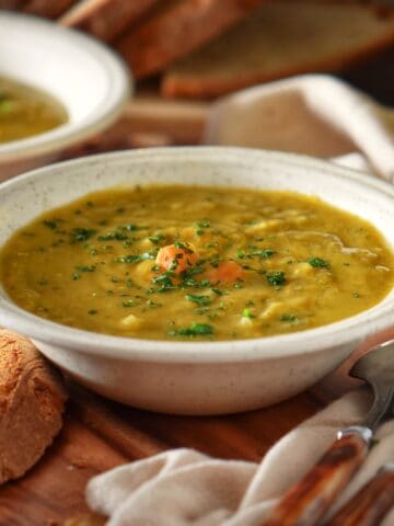 Green split pea soup in a bowl.