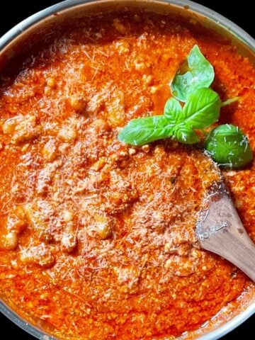 An overhead photo of pasta with tomato ricotta sauce.