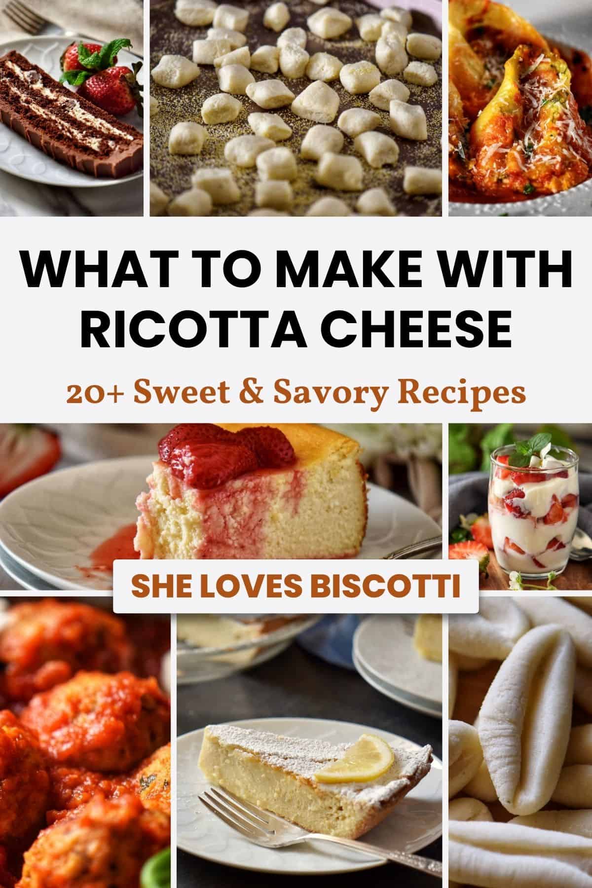 A photo collage of Ricotta Cheese Recipes, includes ricotta cake and ricotta meatballs.