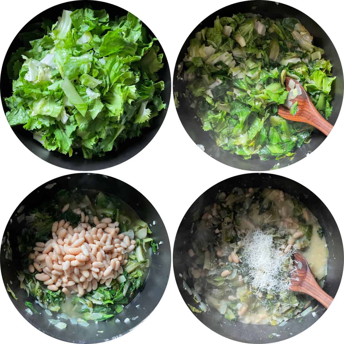 A photo collage of the escarole being wilted down and combined with the white beans in a cast iron pot.