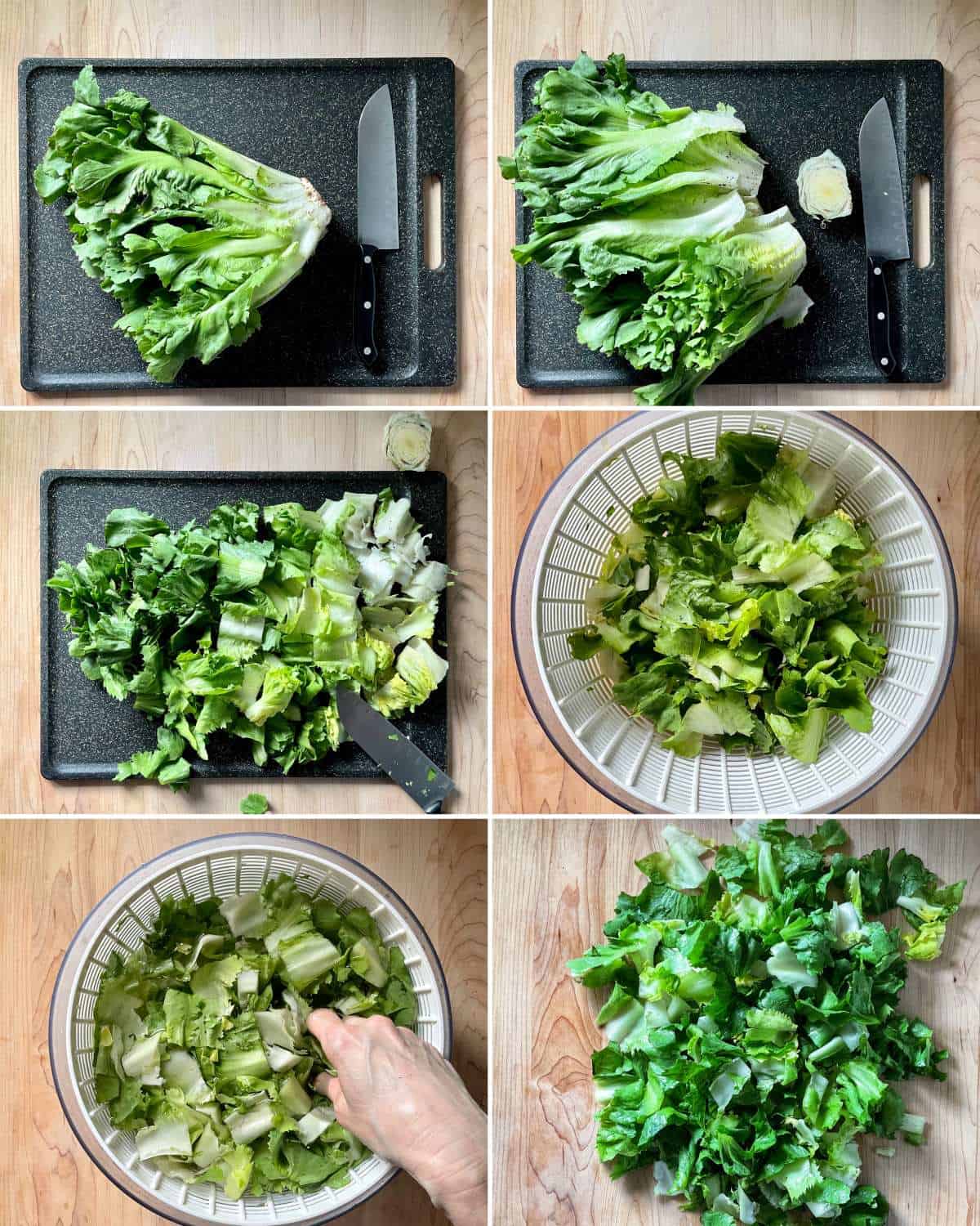 A photo collage of how to cut escarole.