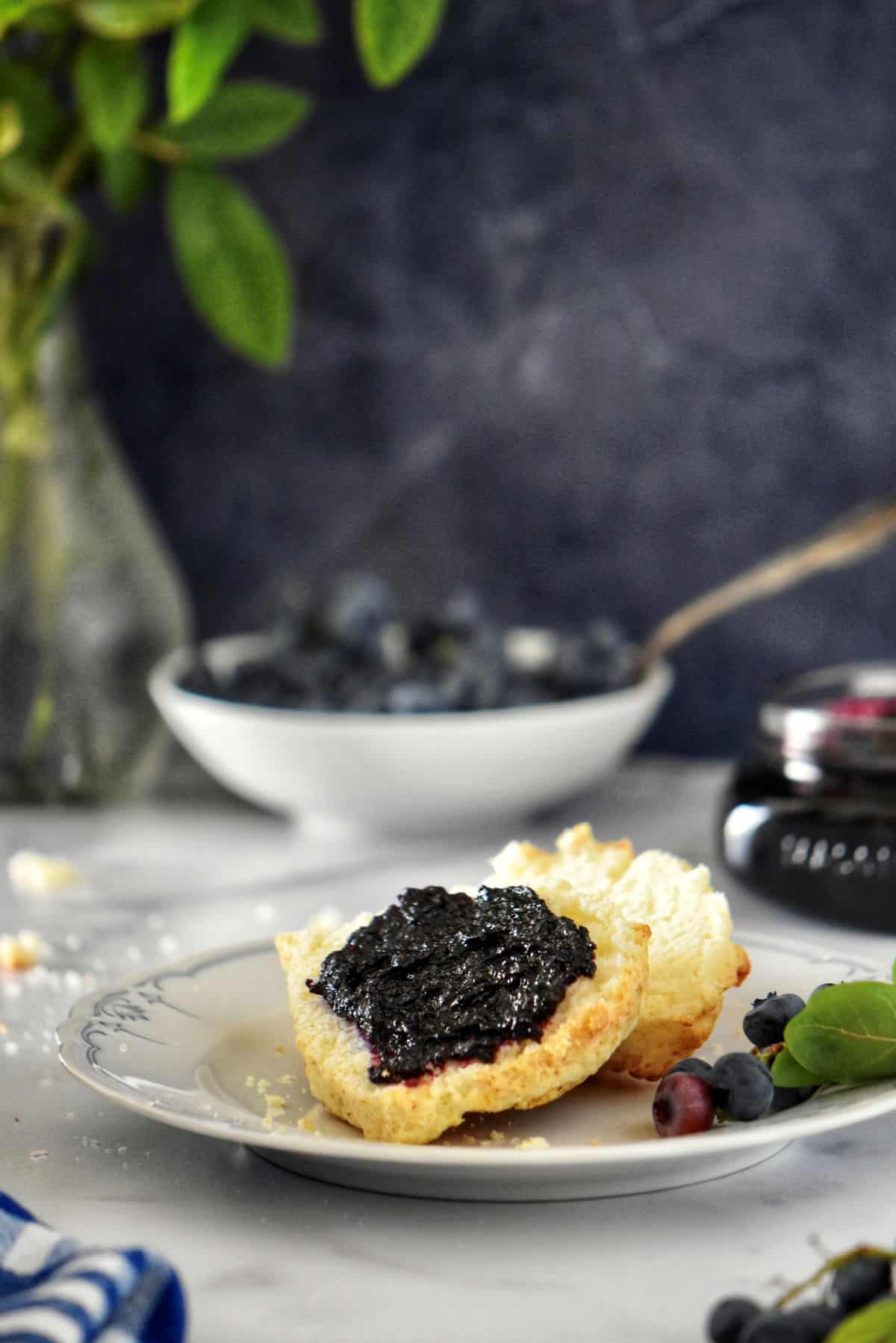 Blueberry jam on a buttermilk biscuit.