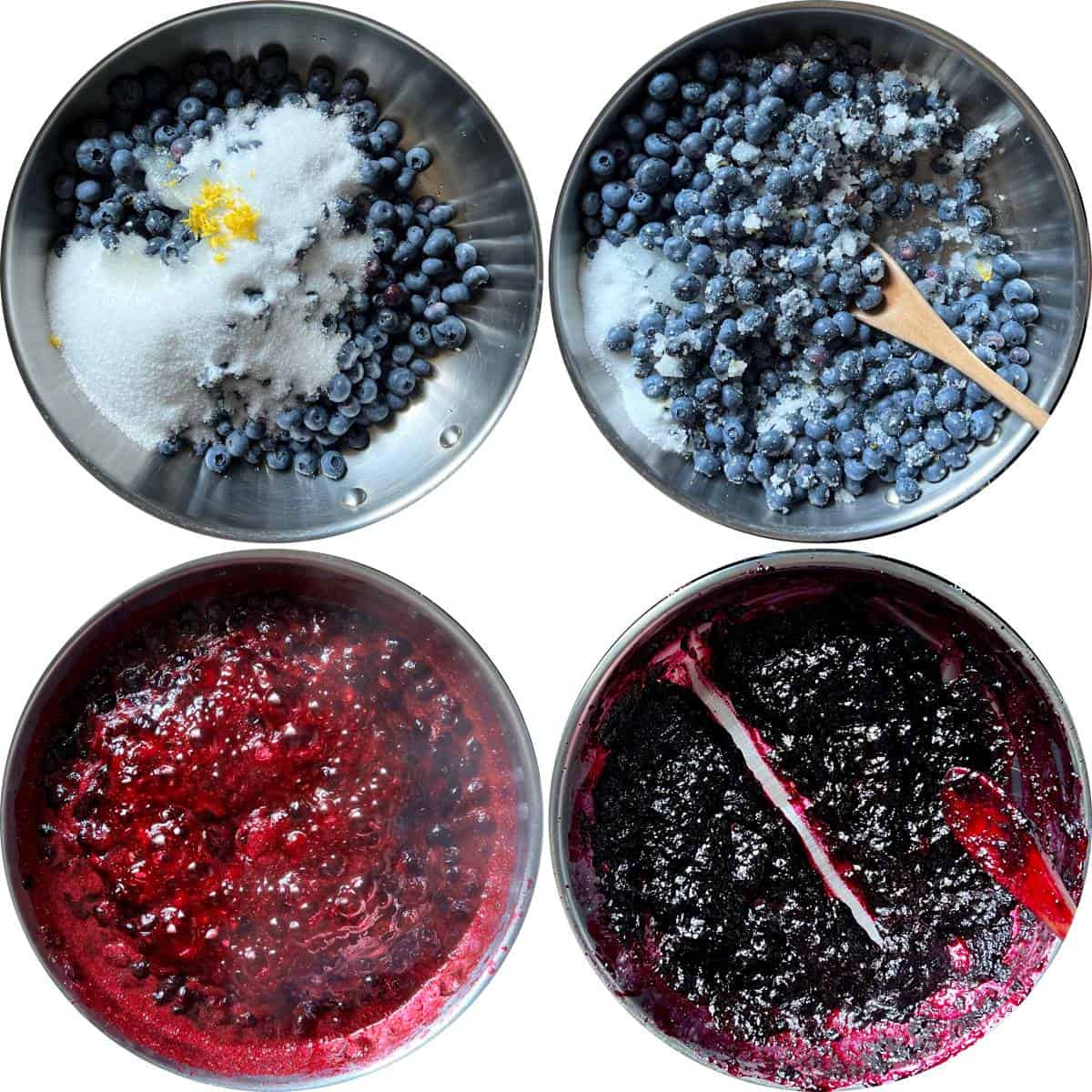 A photo collage of blueberry jam being cooked.